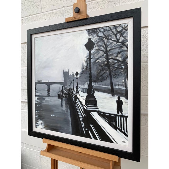Black & White Painting of Victoria Embankment London - Unique Original Art by British Urban Artist, 2019 For Sale - Image 6 of 8