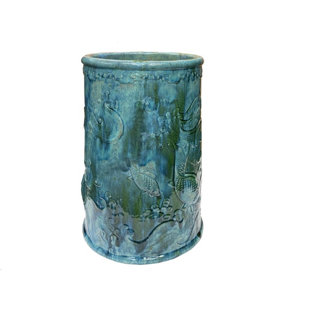 1980s Vintage Distressed Marks Turquoise Green Lotus Fishes Ceramic Holder For Sale - Image 5 of 14