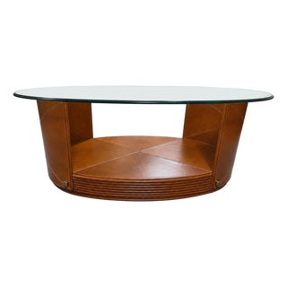 Postmodern Cognac Leather & Glass Oval Coffee Table With Sculptural Base For Sale