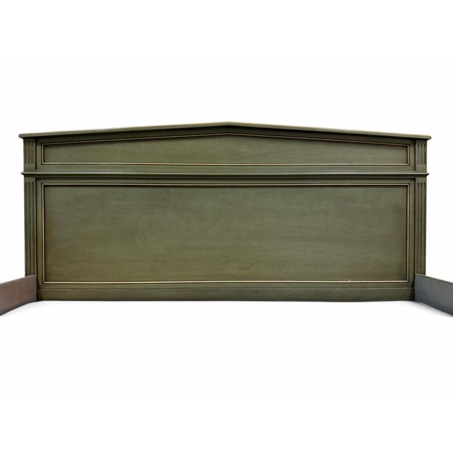 Wood Vintage Neoclassical Sage Green Queen Bed Frame (Headboard, Footboard, Rails) Attributed to White Fine Furniture Co. For Sale - Image 7 of 8