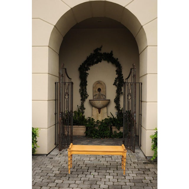 Mid 20th Century Vintage English Midcentury Goldenrod Painted Wooden Bench with Black Accents For Sale - Image 5 of 11