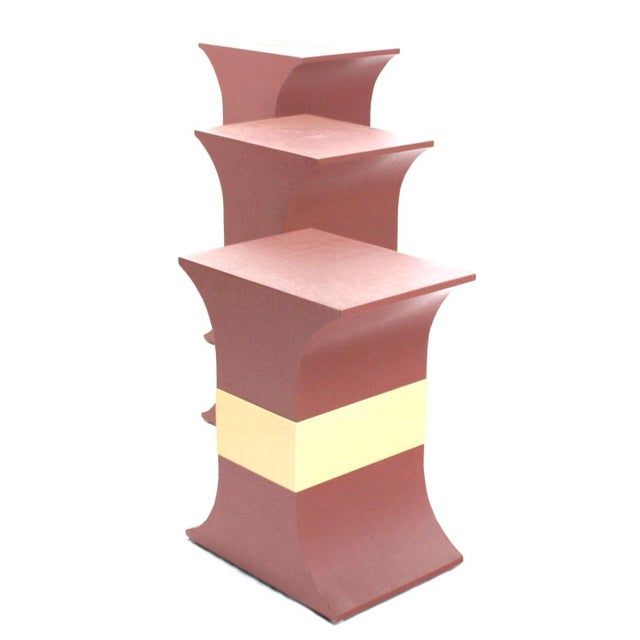 Mid 20th Century Grasscloth Wrapped Three Mid Century Modern Pink Lacquer Brass Trim Pedestals For Sale - Image 5 of 9