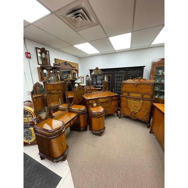 Antique 1930's Bedroom Mirrored Vanity, Hand Carved Walnut, Burl Inlay, Beveled Glass, Curved Cabinets For Sale - Image 13 of 13