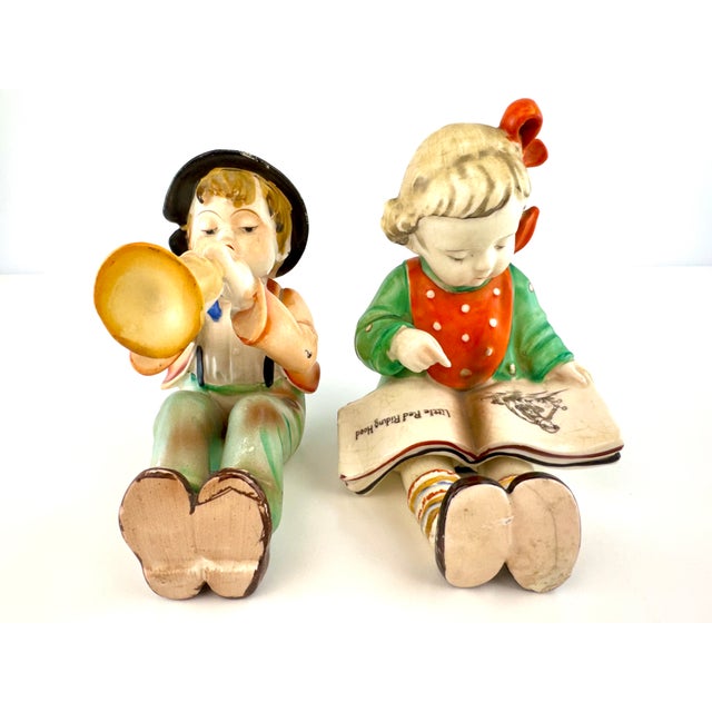 1950s Japanese Ceramic Boy Musician & Little Red Riding Hood Girl Figurines, a Pair For Sale In Little Rock - Image 6 of 14