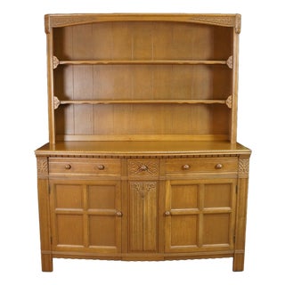 Vintage Jacobean Spanish Revival Oak Welsh Dresser Buffet & Hutch Cupboard 68" For Sale