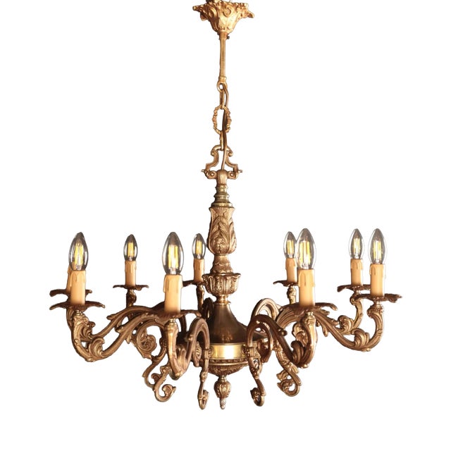 Antique Brass Chandelier with Nine Arms Reservé For Sale