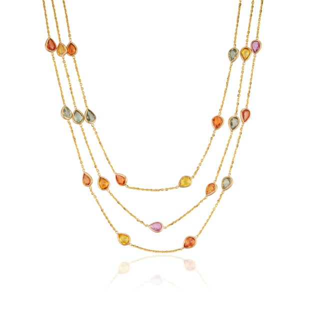 18k Yellow Gold Multi-Strand Necklace With 13.32ct Pear Cut Multicolor Sapphires For Sale - Image 4 of 18