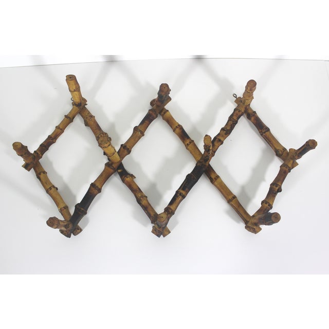 Early 20th Century Burnt Bamboo Accordion Wall Rack Hooks French Coat Hook Victorian For Sale - Image 4 of 14