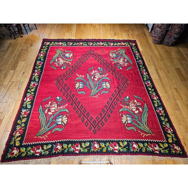 Vintage Turkish Bessarabian Kilim, Handwoven Wool, Floral Pattern, Red & Black, 11x13 For Sale - Image 4 of 13