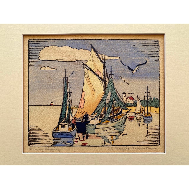 1930s Robert Bruce Rogers Vintage 1932 " Drying Rigging, Provincetown " Waterfront Seascape Framed Original Signed Fine Art Woodblock Print For Sale - Image 5 of 14