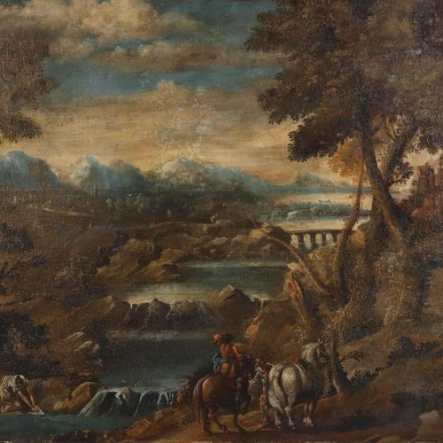 River Landscape with Figures, 1700s, Oil on Canvas For Sale - Image 3 of 12