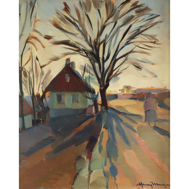 Mid-Century Modern 'The Quiet Road Home' Original Swedish Landscape Street Scene Oil Painting, Framed For Sale - Image 9 of 11