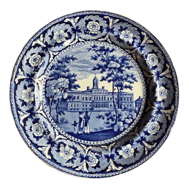 Antique 19th Century Ridgway Historical Blue Transferware Plate Depicting New York City Hall For Sale