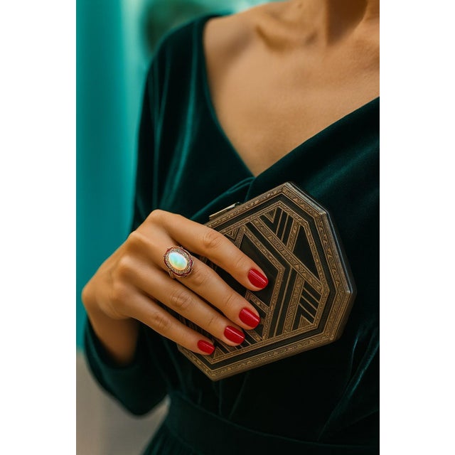 Bochic “Orient” Vintage Art Deco Ruby & Fire Opal Ring Set In 18 K Gold & Silver For Sale - Image 9 of 12