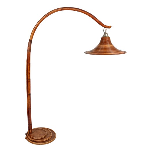 Midcentury Bamboo and Rattan Arc Floor Lamp, 1970s For Sale