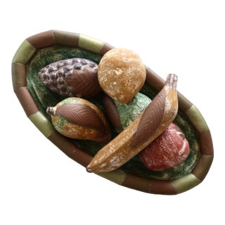 Vintage Mid Century Modern Hand Painted Terracotta Fruit in Brass and Copper Clay Bowl Set- 7 Pieces For Sale