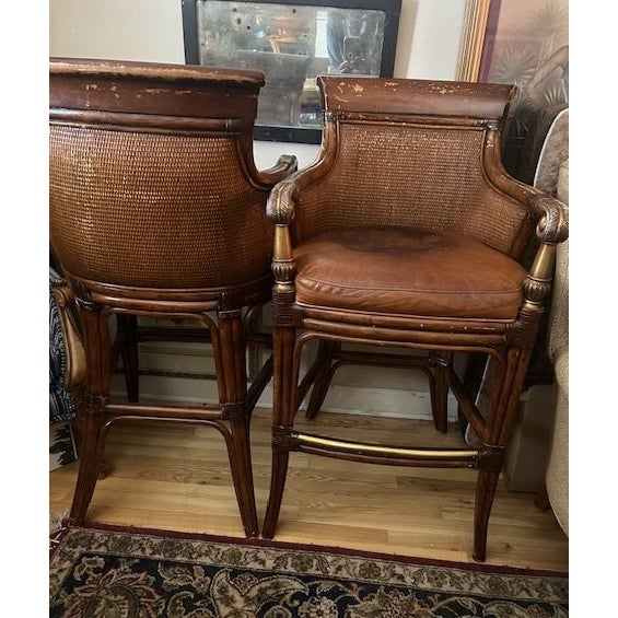 Ethan Allen Ethan Allen Leather-Cushioned Woven Rattan Bar Stools For Sale - Image 4 of 14