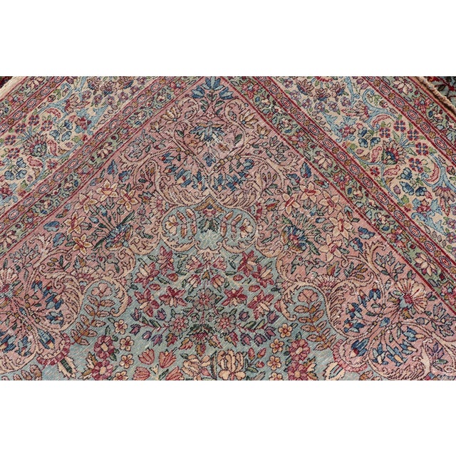 Antique Kerman Rug With Soft Blue Field, Rose Red Medallion and Floral Design 5'10 X 8'6 For Sale - Image 15 of 15
