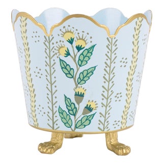 Pale Blue & Gold Floral Scalloped Bucket Tole Planter, Small For Sale
