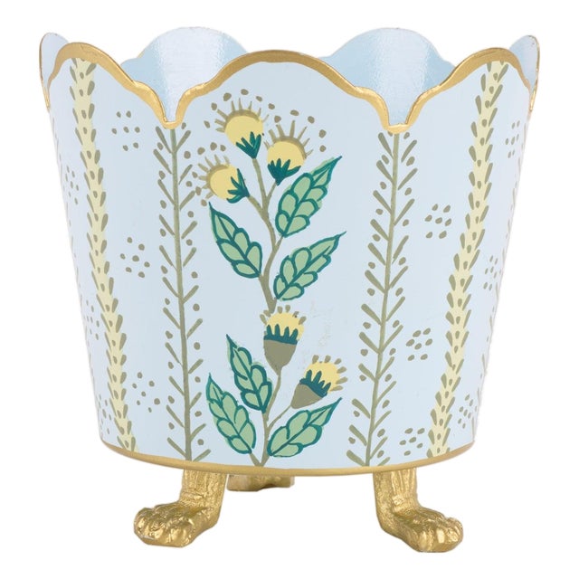Pale Blue & Gold Floral Scalloped Bucket Tole Planter, Small For Sale