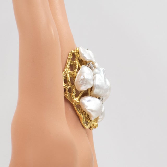 1980s Vintage Cellino 18k Diamond Natural Pearl Cocktail Ring, Size 5.75 For Sale - Image 4 of 11