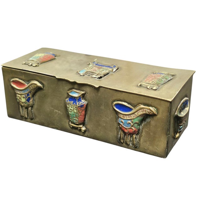 Brass Early 20th-Century Chinese Brass Box With Applied Cloisonné Medallions (4.375"), Marked “China” For Sale - Image 8 of 14