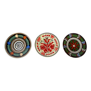 Vintage Folk Art Ceramic Wall Plates, Former Czechoslovakia and Romania, 1950s, Set of 3 For Sale