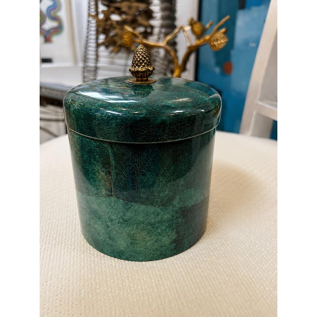 Aldo Tura Rare Vintage Lacquered Goatskin Cylinder Box in the Style of Aldo Tura With Brass Pinecone Finial For Sale - Image 4 of 8