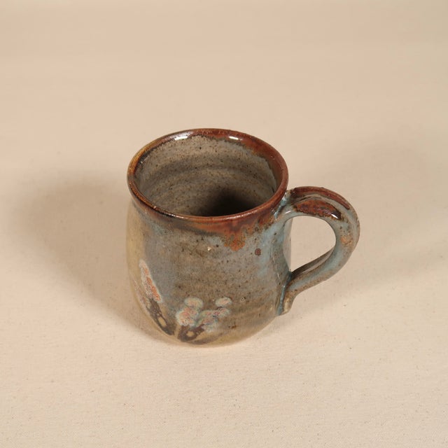 Set of Vintage 1982 Studio Pottery Ceramic Mugs With Mixed Glaze and Floral Motifs For Sale - Image 12 of 15