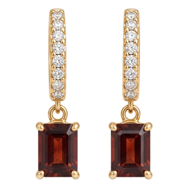 Dainty Garnet Huggie Hoop Earrings | Red Gemstone Dangles Hoops | January Birthstone Earrings - A Pair For Sale