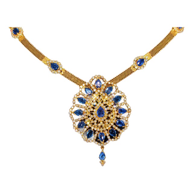 Certified Natural 19.3CTS VVS F Diamond Sapphire 18K Solid Gold Pendant Brooch Necklace For Sale