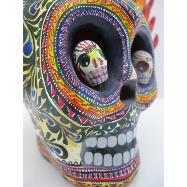 Late 20th Century Alfonso Castillo Orta Flaming Fire Skull Day of Dead Mexican Folk Pottery For Sale - Image 5 of 12