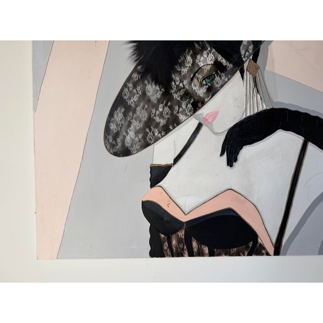 Pink Large 1980s Postmodern Art Deco Style Woman Portrait Acrylic on Canvas Painting – Signed For Sale - Image 8 of 16