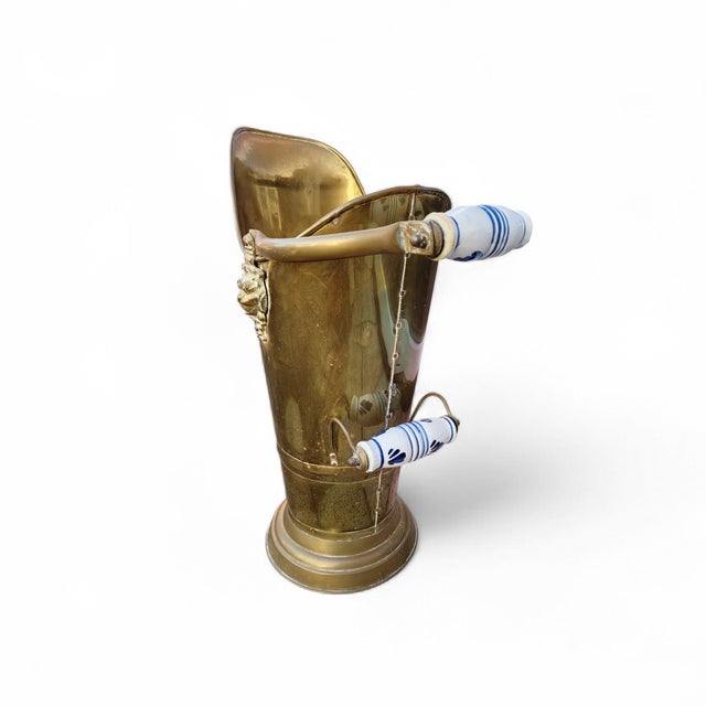 Antique Dutch Brass Umbrella Stand with Delft Blue Ceramic Handles, Netherlands, 1890 For Sale - Image 9 of 18