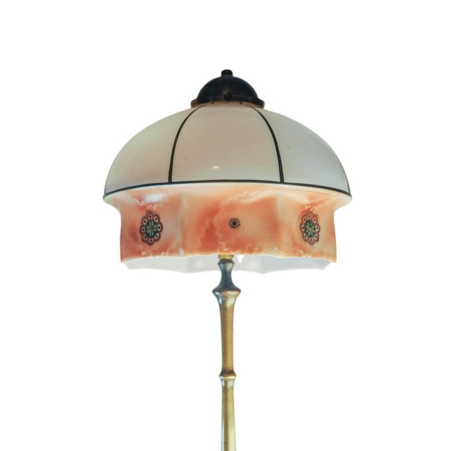 Metal Art Nouveau Faux Bamboo Brass and Milk Glass Table Lamp For Sale - Image 7 of 10