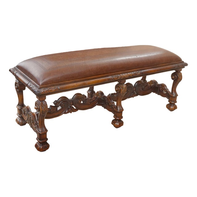 Bench for Theodore Alexander, William's Window Seat, Ornate Base W Leather Cover For Sale