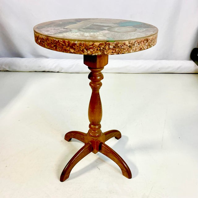 This is a stunning Americana Folk Art Boho Chic Pedestal Drinks Table. It's crafted from slices of semi-precious stones...