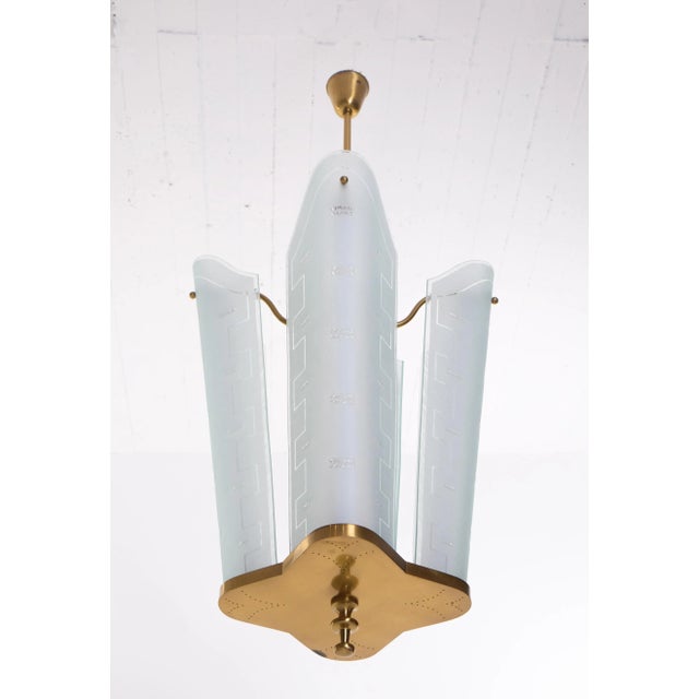 Very rare set of 4 Bo Notini ceiling light produced by Glössner AB, Sweden, 1950s. Perforated brass and etched glass...