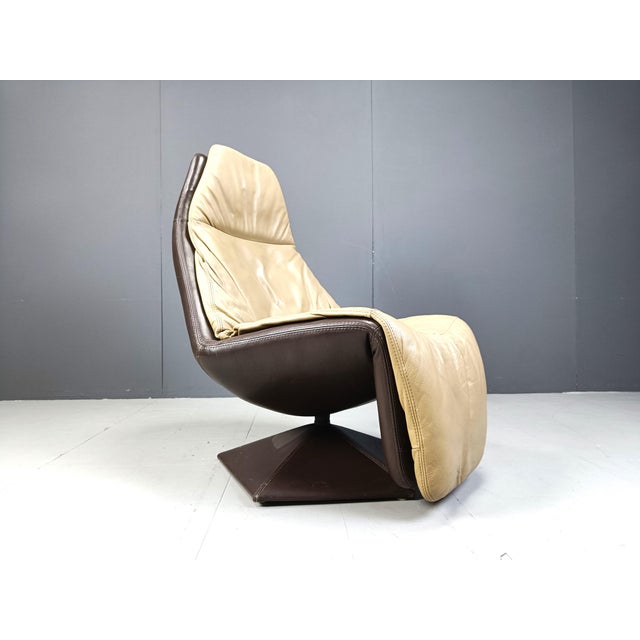 Textile Set of Vintage Leather Swivel Chair and Ottoman, 1970s For Sale - Image 7 of 11