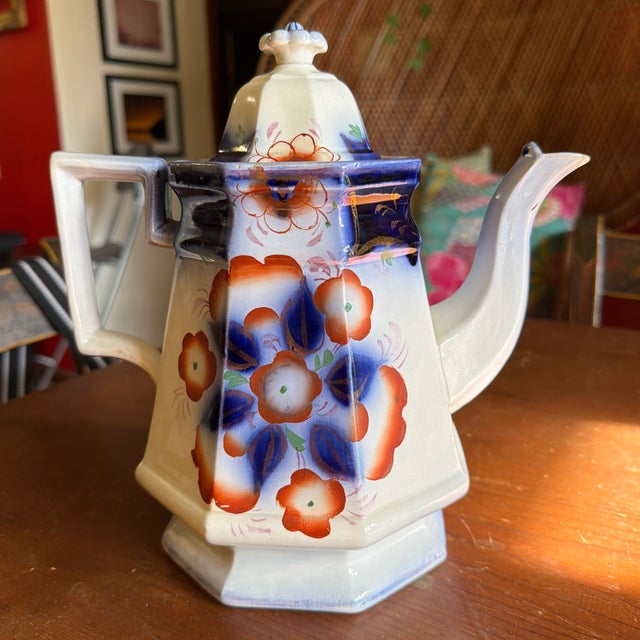 Antique Gaudy Welsh Crescent Pinwheel Flow Blue Teapot With Lid, Circa 1840s For Sale - Image 12 of 12