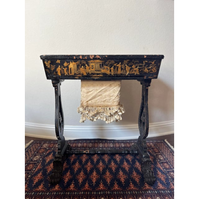 Chinoiserie Antique 19th Century Chinese Export English Chinoiserie Black Laquered Sewing Table, Work Table For Sale - Image 3 of 12