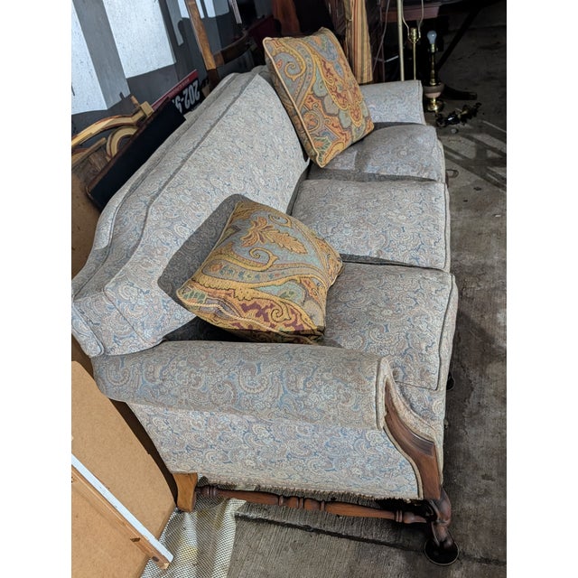 Vintage Victorian Revival Carved Wood Sofa With Paisley Upholstery For Sale - Image 10 of 16