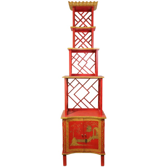 Vintage Chinoiserie Red Lacquer Duchess of Windsor Style Pagoda Etagere Cabinet For Sale - Image 18 of 18