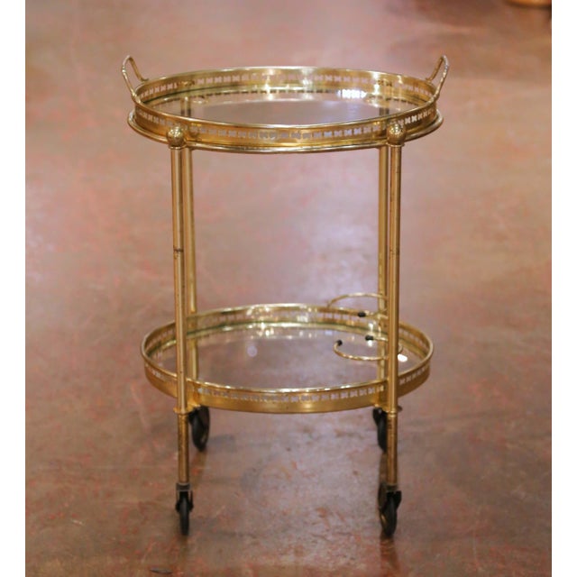 French Mid-Century French Brass and Glass Two-Tier Bar Cart on Casters For Sale - Image 3 of 10