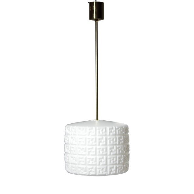 Geometric Opaline and Brass Pendant Light from Osvetlovaci Sklo V.M., Former Czechoslovakia, 1960s For Sale