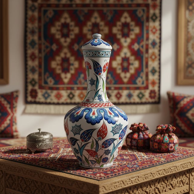 2020s Handmade Ceramic Iznik Bottle Vase with Lid Red Tulip and Geometric Pattern For Sale - Image 5 of 9