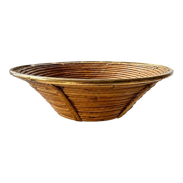 Italian Pencil Reed Rattan Bowl With Brass Trim, 14.75 In For Sale