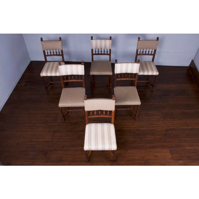 Renaissance Antique French Renaissance Henry II Style Walnut Dining Chairs W/ Linen Fabric - Set of 6 For Sale - Image 3 of 13
