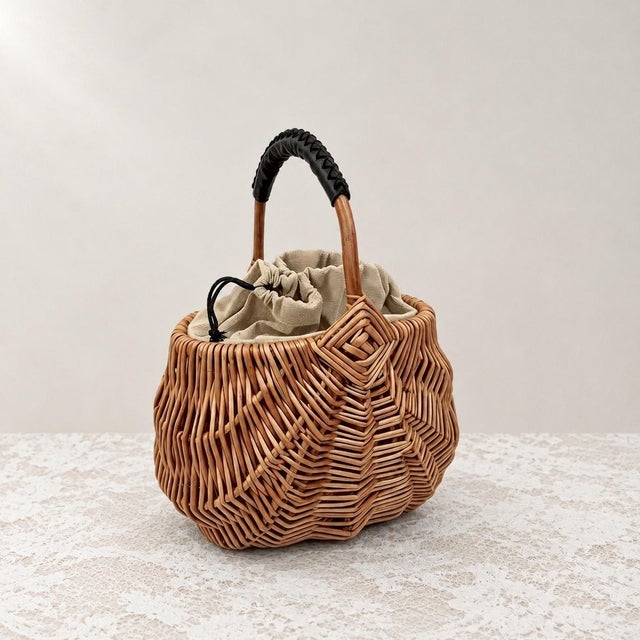 Arts & Crafts Handwoven Rattan Petal Shaped Handbag For Sale - Image 3 of 5
