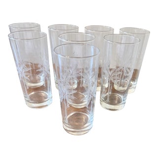 Late 20th Centurty Highball Tumblers With Etched Palm Tree Design - Set of 8 For Sale